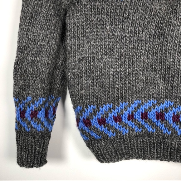 Women's Hand Knit Chunky Heavy Weight Fairisle Hooded Sweater Gray Blue … - Picture 5 of 11